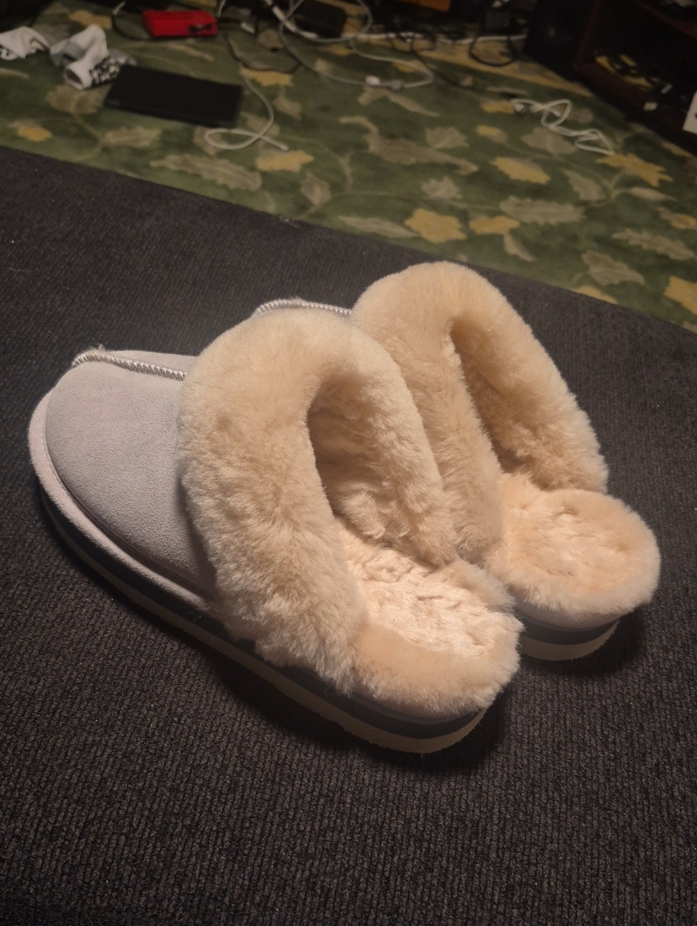 BearPaw Women's Gray Suede Slip-On Slippers with Cream Faux Fur